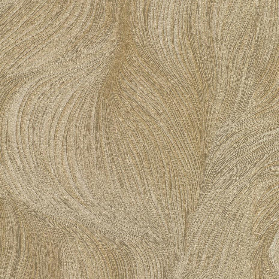 Close-up of gold wave-pattern wallpaper with fine embossed linear texture.