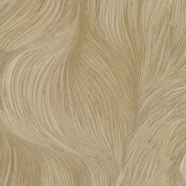 Close-up of gold wave-pattern wallpaper with fine embossed linear texture.
