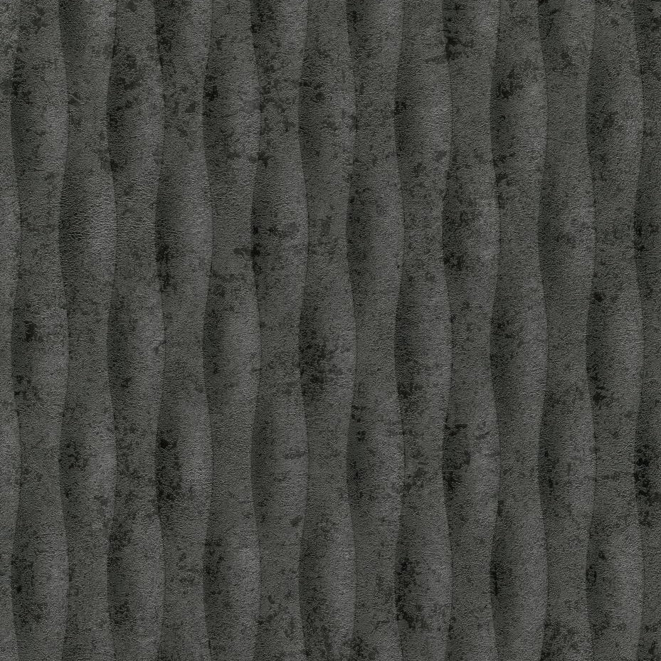 Erismann Fashion for Walls 5 textured vertical wave stripe wallpaper in black, charcoal, and gray tones with a bold industrial modern look.