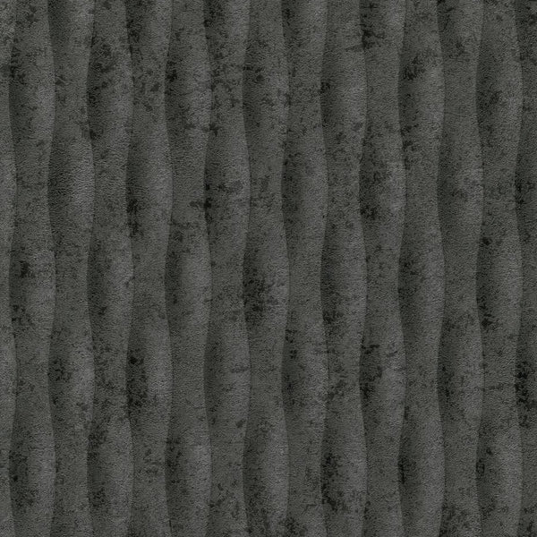 Erismann Fashion for Walls 5 textured vertical wave stripe wallpaper in black, charcoal, and gray tones with a bold industrial modern look.