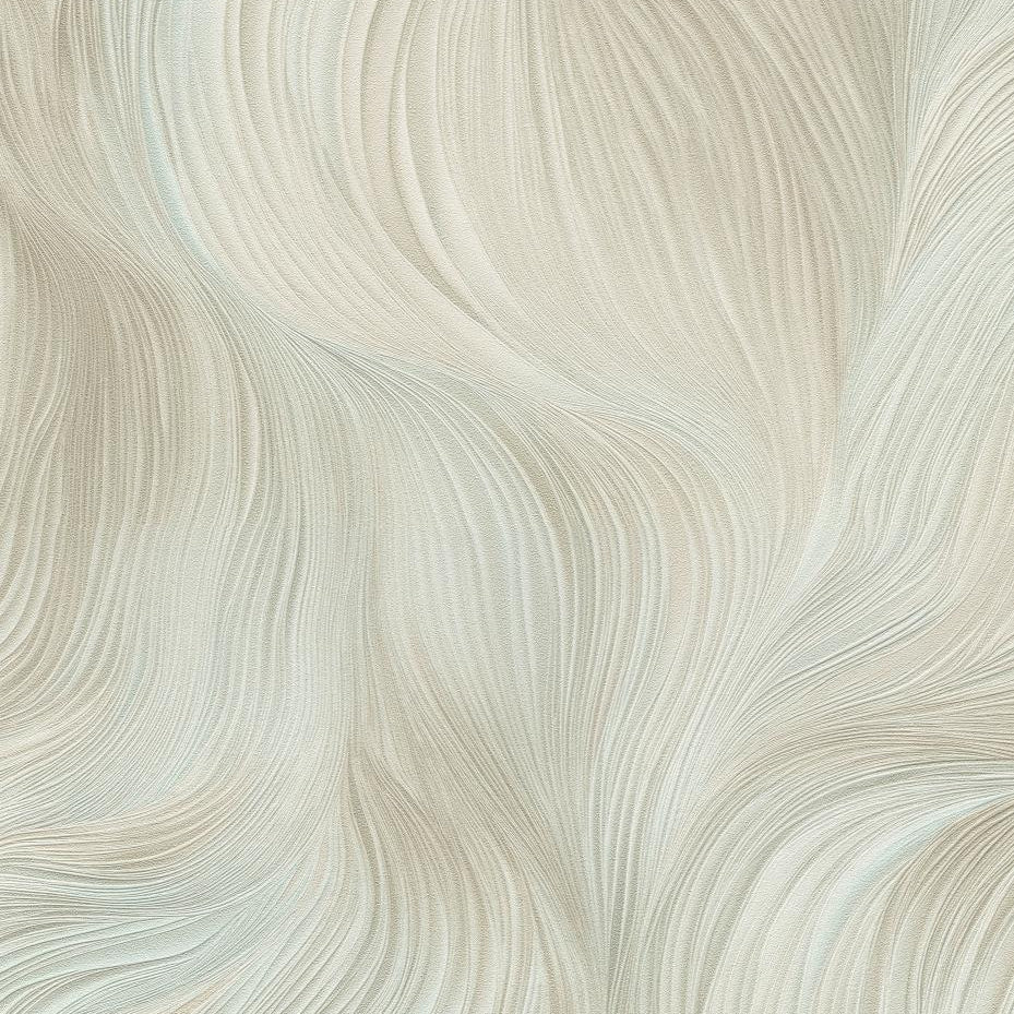 Erismann Fashion for Walls 5 abstract wave wallpaper with flowing lines in soft green, beige, and white tones creating a calm organic modern look.