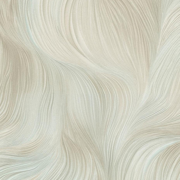 Erismann Fashion for Walls 5 abstract wave wallpaper with flowing lines in soft green, beige, and white tones creating a calm organic modern look.