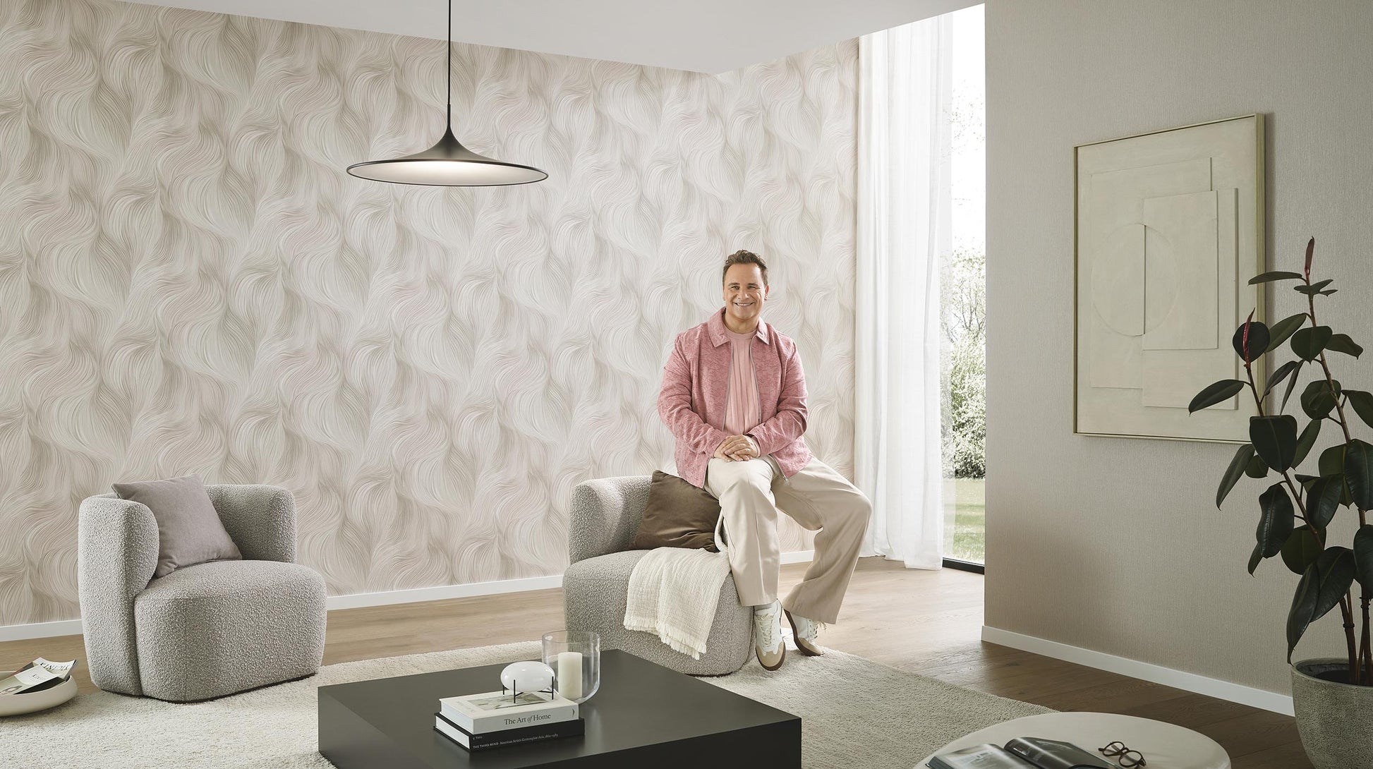 Room scene featuring soft beige wave-pattern wallpaper with modern furnishings.