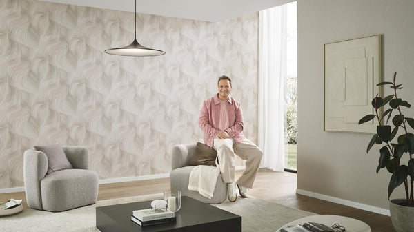 Room scene featuring soft beige wave-pattern wallpaper with modern furnishings.