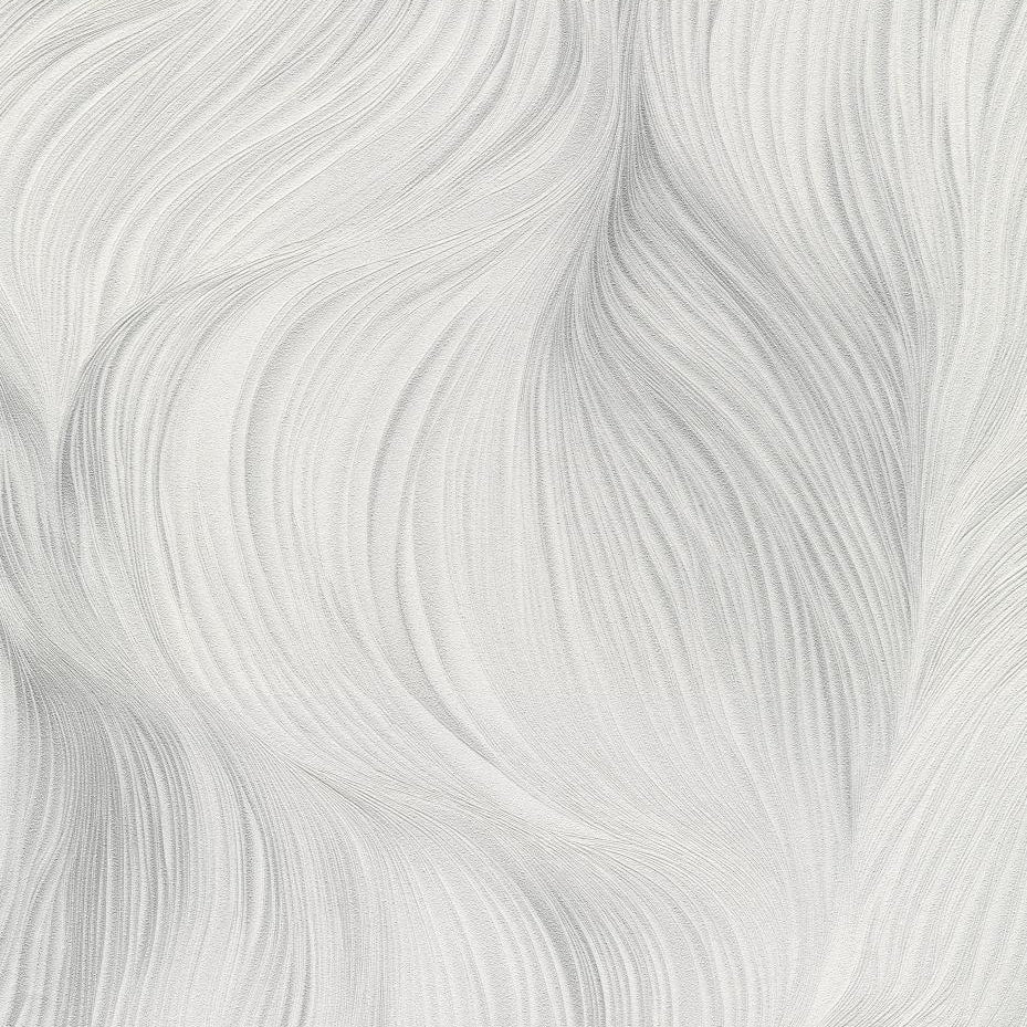 Erismann Fashion for Walls 5 abstract wave wallpaper with fine flowing lines in white, gray, and soft silver tones creating a clean modern textured look.