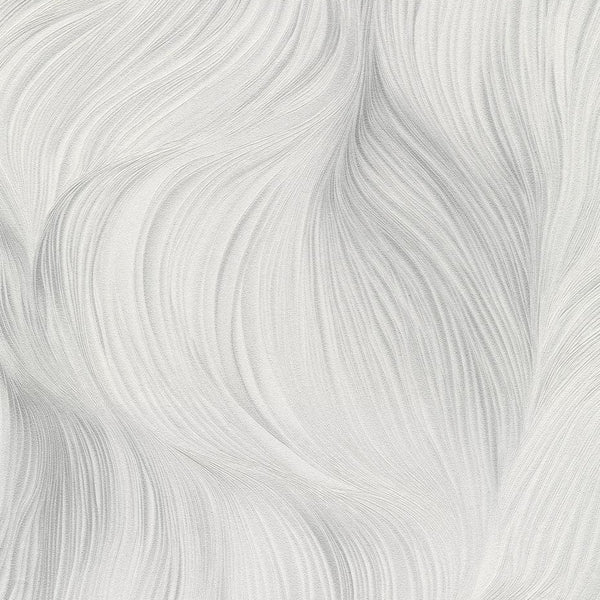 Erismann Fashion for Walls 5 abstract wave wallpaper with fine flowing lines in white, gray, and soft silver tones creating a clean modern textured look.