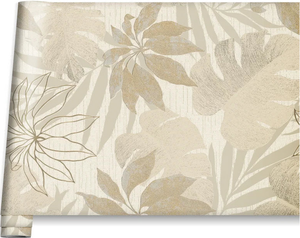Marburg Avalon 31602 Partially unrolled wallpaper roll showing a beige botanical design with large tropical leaves on a light background.