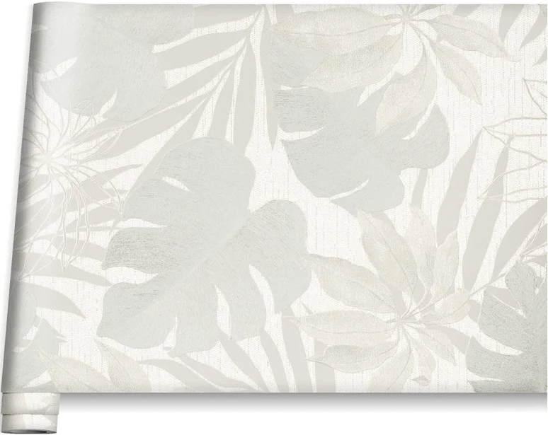 Marburg Avalon 31603 Product photo of a wallpaper roll with large tropical leaves in soft beige and light gray on a white background, partially unrolled with the roll at the lower right.