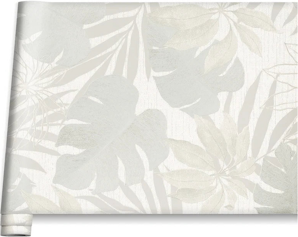 Marburg Avalon 31603 Product photo of a wallpaper roll with large tropical leaves in soft beige and light gray on a white background, partially unrolled with the roll at the lower right.