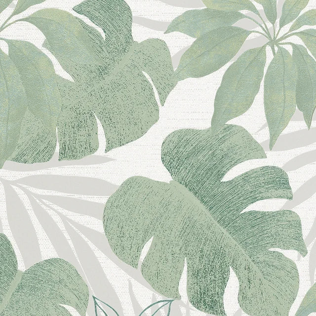 Marburg Avalon 31604 sage-green leafy botanical wallpaper on a light grey and white ground.