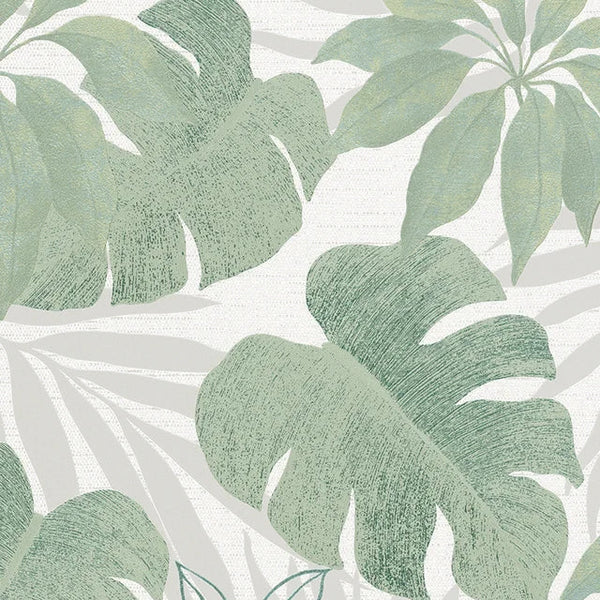 Marburg Avalon 31604 sage-green leafy botanical wallpaper on a light grey and white ground.