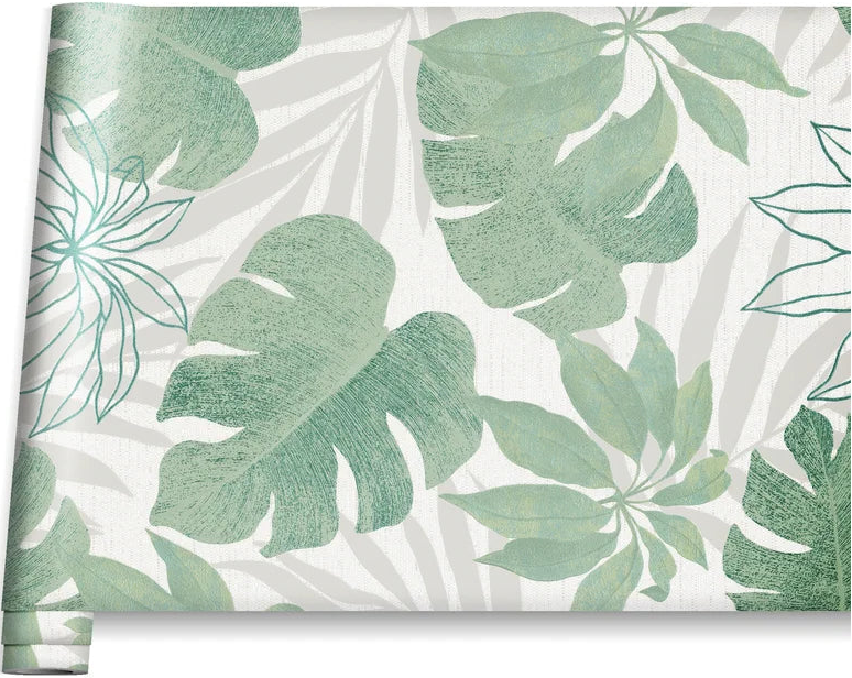Marburg Avalon 31604 Partially unrolled wallpaper roll featuring large green tropical leaves on a light background with pale leaf silhouettes.