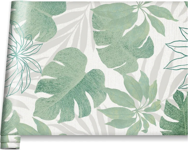Marburg Avalon 31604 Partially unrolled wallpaper roll featuring large green tropical leaves on a light background with pale leaf silhouettes.