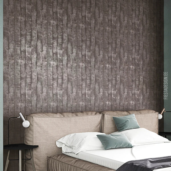 Marburg Avalon 31614 Mottled brown wallpaper with narrow vertical ribbed stripes creating a panelled effect wallpaper on a bedroom feature wall.