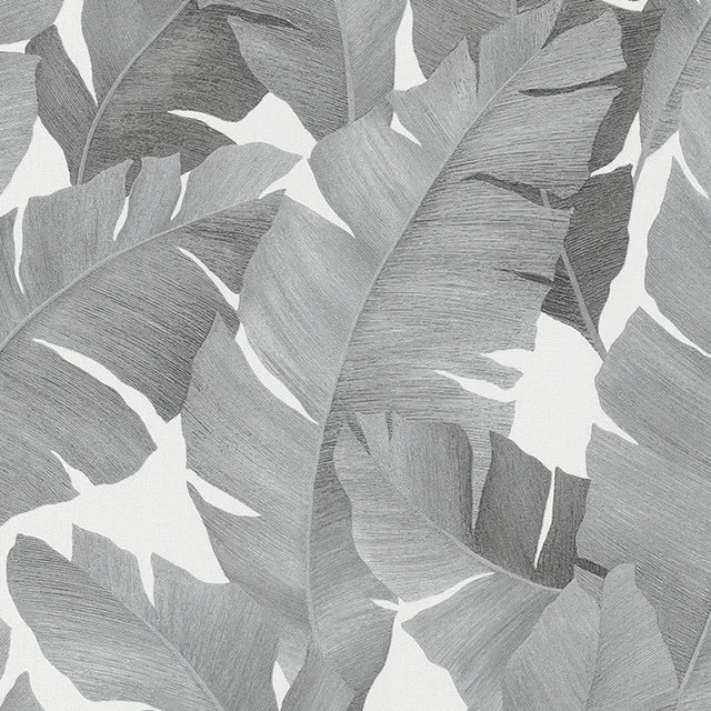 Marburg Avalon 31624 wallpaper with layered palm leaves in tonal grey on a soft white background.