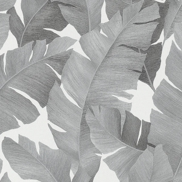 Marburg Avalon 31624 wallpaper with layered palm leaves in tonal grey on a soft white background.