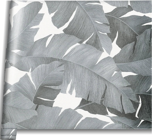 Marburg Avalon 31624 Wallpaper roll showing a large tropical banana leaf pattern in shades of grey on a white ground, with the roll edge visible at the bottom right.
