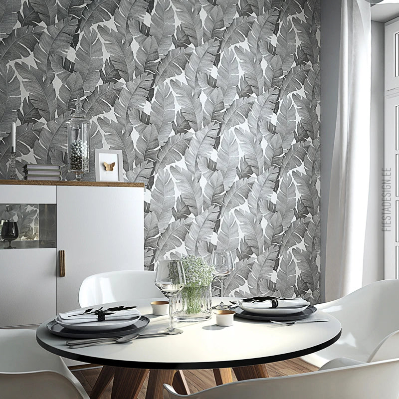 Marburg Avalon 31624 wallpaper with layered palm leaves in tonal grey on a soft white background.