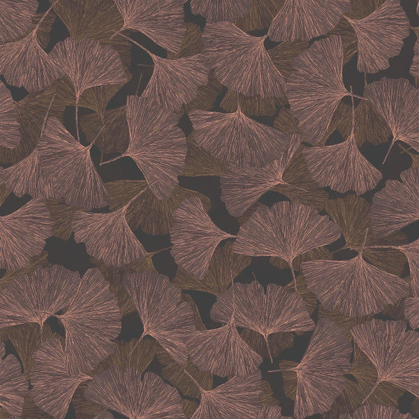 Marburg Boho 35779 wallpaper with terracotta ginkgo leaves layered over a deep charcoal ground.