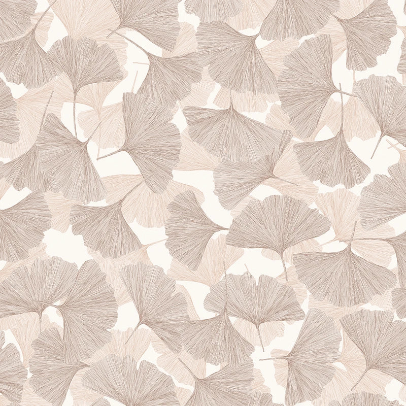 Marburg Boho 35780 wallpaper with layered ginkgo leaves in warm beige and taupe on a creamy ground.