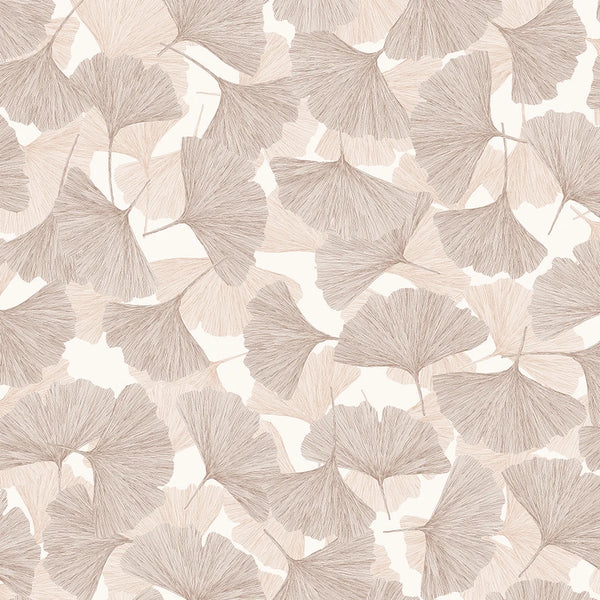 Marburg Boho 35780 wallpaper with layered ginkgo leaves in warm beige and taupe on a creamy ground.