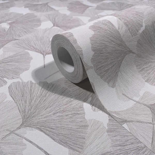 Marburg Boho 35781 Close-up of a wallpaper roll resting on the same design, showing fine-line fan-shaped leaves in grey on a white background.