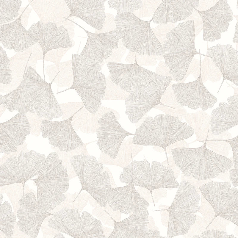 Marburg Boho 35782 wallpaper with layered ginkgo leaves in soft beige and grey on a cream ground.