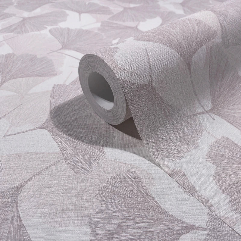 Marburg Boho 35782 Wallpaper roll resting on an unrolled sheet showing a large fan-shaped leaf line pattern in light neutral tones with a subtle texture.