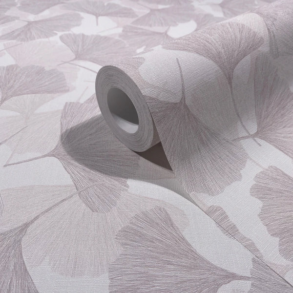 Marburg Boho 35782 Wallpaper roll resting on an unrolled sheet showing a large fan-shaped leaf line pattern in light neutral tones with a subtle texture.