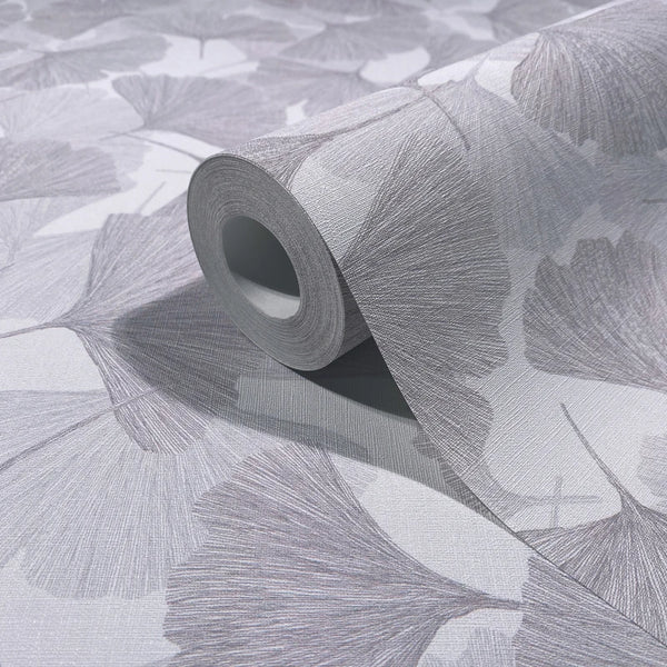 Marburg Boho 35783 Wallpaper roll on a matching surface showing a gray fan-shaped leaf design with fine line texture.
