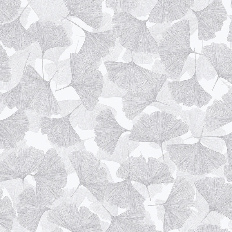 Marburg Boho 35783 wallpaper with overlapping line-drawn ginkgo leaves in light grey on a soft white background.