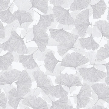 Marburg Boho 35783 wallpaper with overlapping line-drawn ginkgo leaves in light grey on a soft white background.