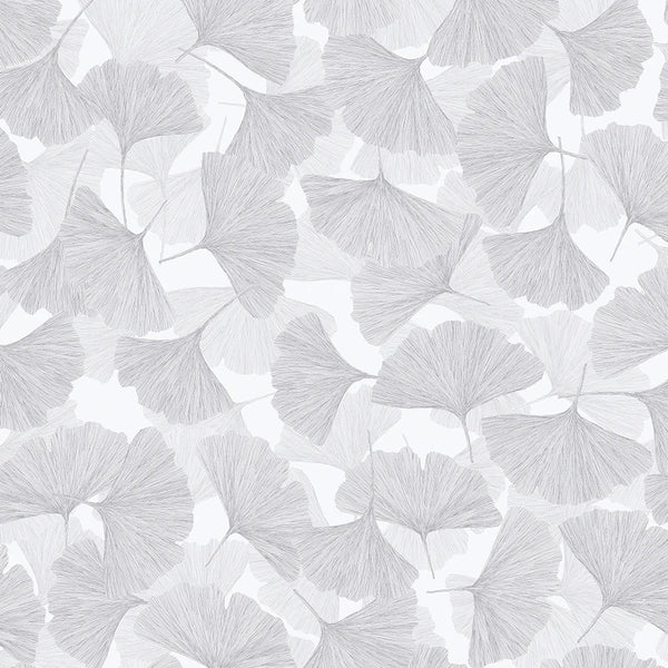Marburg Boho 35783 wallpaper with overlapping line-drawn ginkgo leaves in light grey on a soft white background.