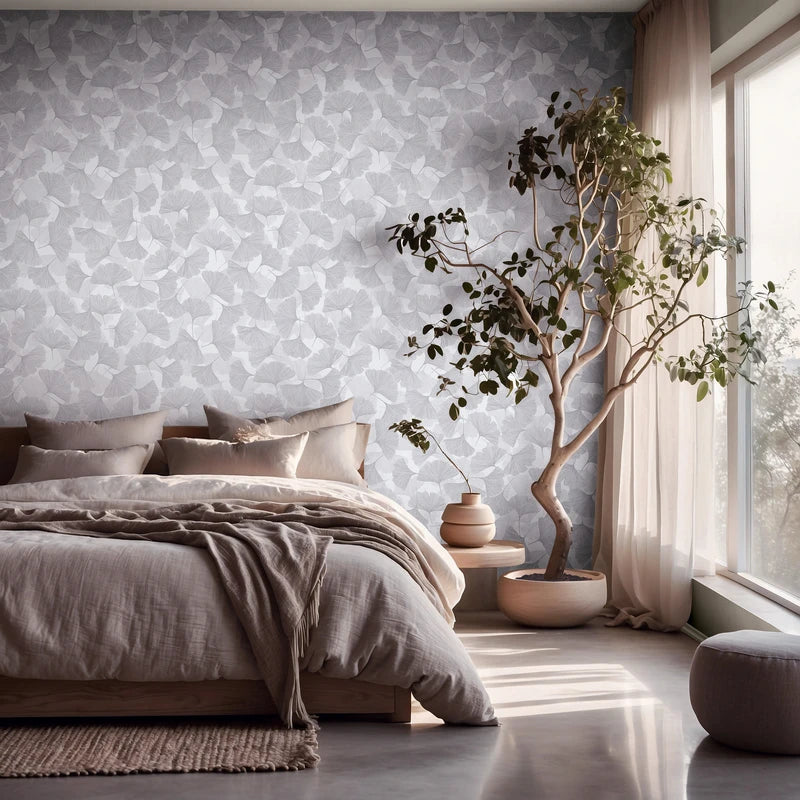 Marburg Boho 35783 wallpaper with overlapping line-drawn ginkgo leaves in light grey on a soft white background.