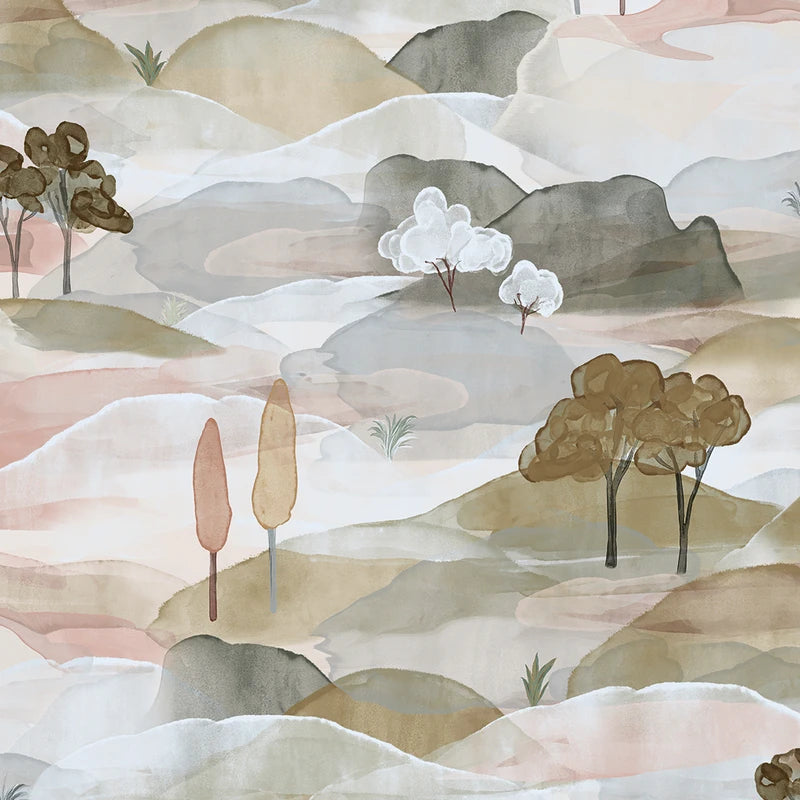 Marburg Boho 35785 wallpaper with a soft watercolor landscape of rolling hills and trees in warm beige and grey tones.