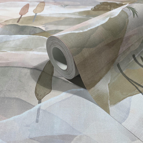 Marburg Boho 35785 Soft abstract landscape pattern with layered shapes and minimal plant silhouettes, printed on a fine wallpaper roll showing its textured surface and finish.