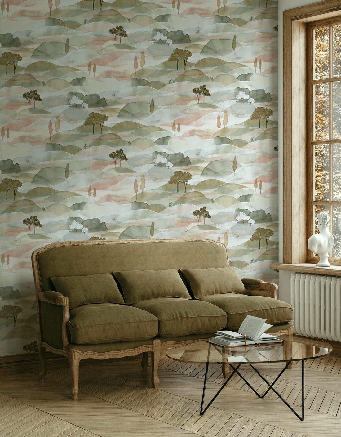 Marburg Boho 35785 wallpaper with a soft watercolor landscape of rolling hills and trees in warm beige and grey tones.