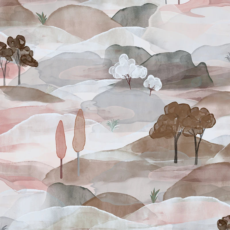 Marburg Boho 35786 wallpaper with a soft watercolor landscape of rolling hills and trees in light grey and warm brown tones.