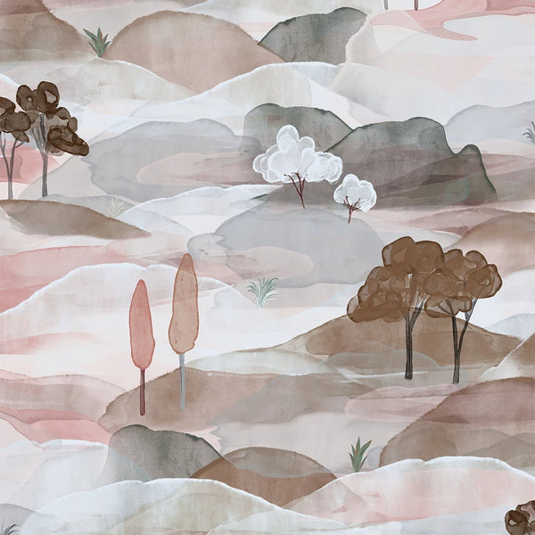 Marburg Boho 35786 wallpaper with a soft watercolor landscape of rolling hills and trees in light grey and warm brown tones.