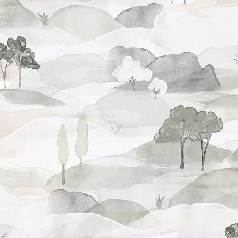 Marburg Boho 35787 scenic watercolor landscape wallpaper in soft white and grey with gentle trees and hills.