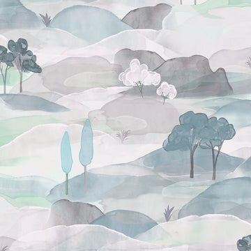 Marburg Boho 35788 wallpaper with a soft watercolor scenic landscape in light grey, blue, and green tones.