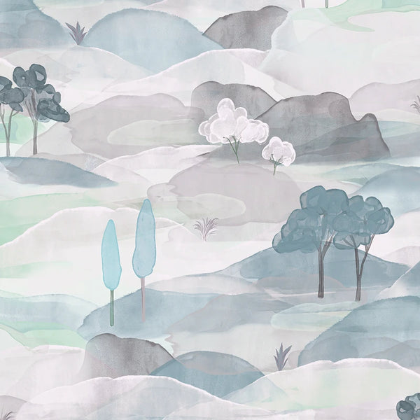 Marburg Boho 35788 wallpaper with a soft watercolor scenic landscape in light grey, blue, and green tones.