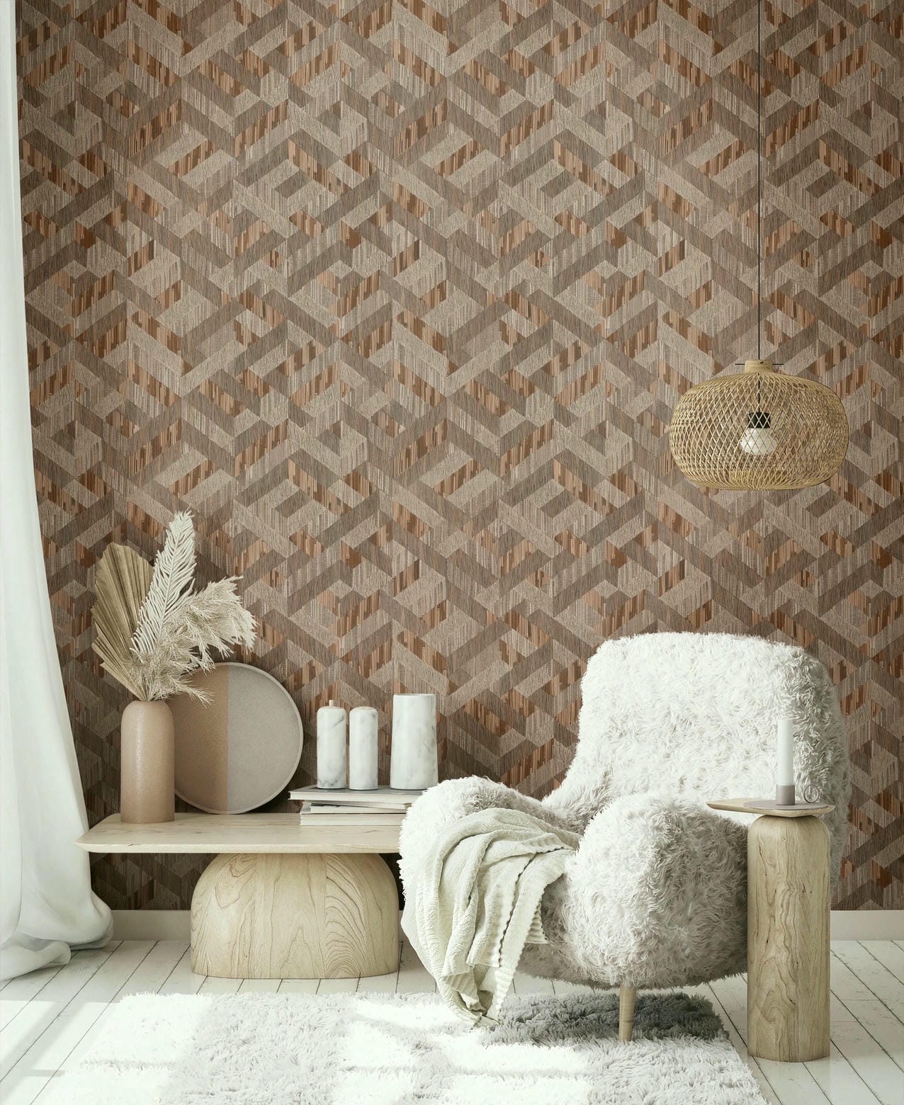 Marburg Boho 35789 Geometric interlocking cube pattern with a woodgrain-like texture in brown and taupe tones creating wallpaper on a living room feature wall.