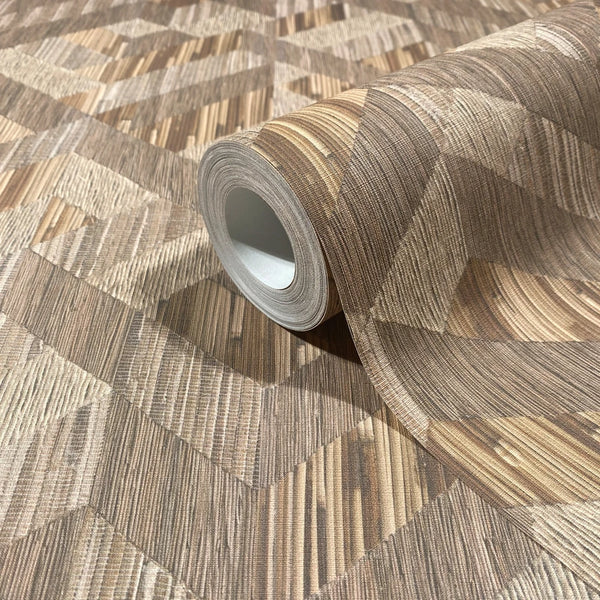 Marburg Boho 35790 Wallpaper roll displayed on matching wallpaper with a beige and brown geometric woodgrain pattern of interlocking shapes.