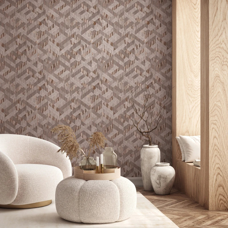 Marburg Boho 35791 Interlocking angular geometric pattern forming cube-like motifs with textured vertical striations in wallpaper on a living room feature wall.