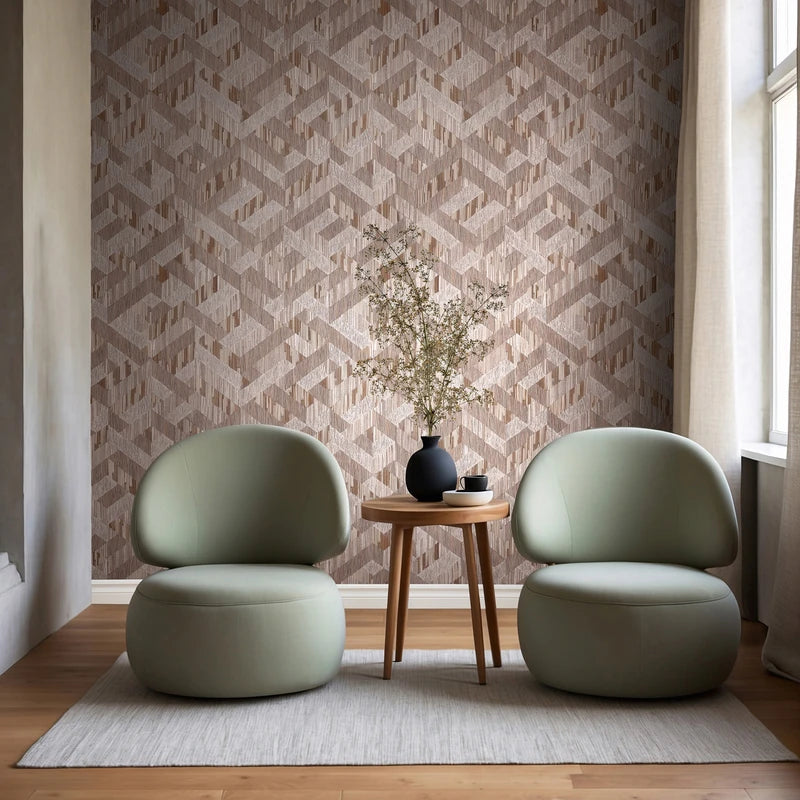 Marburg Boho 35791 warm brown and grey geometric wood-look wallpaper close-up