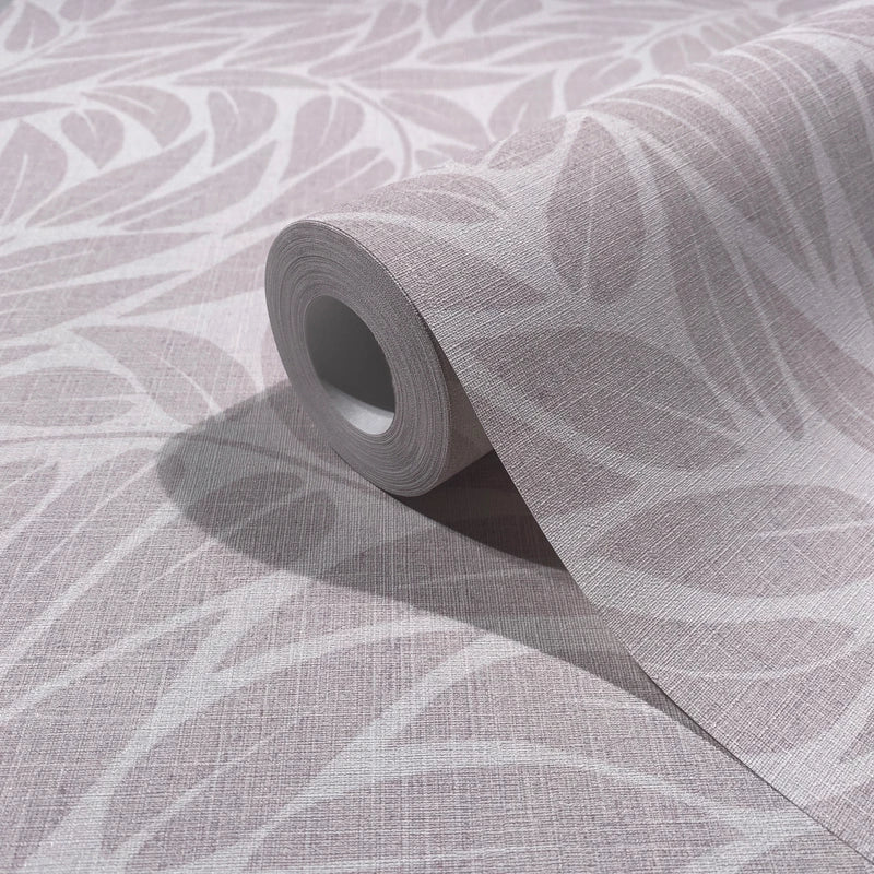 Marburg Boho 35792 Product photo of a gray leaf-pattern wallpaper roll resting on a matching unrolled sheet, showing a fine linen-like texture.