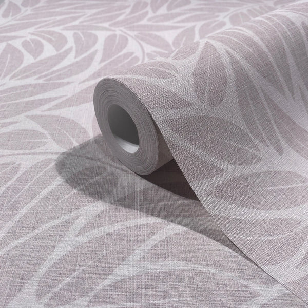 Marburg Boho 35792 Product photo of a gray leaf-pattern wallpaper roll resting on a matching unrolled sheet, showing a fine linen-like texture.
