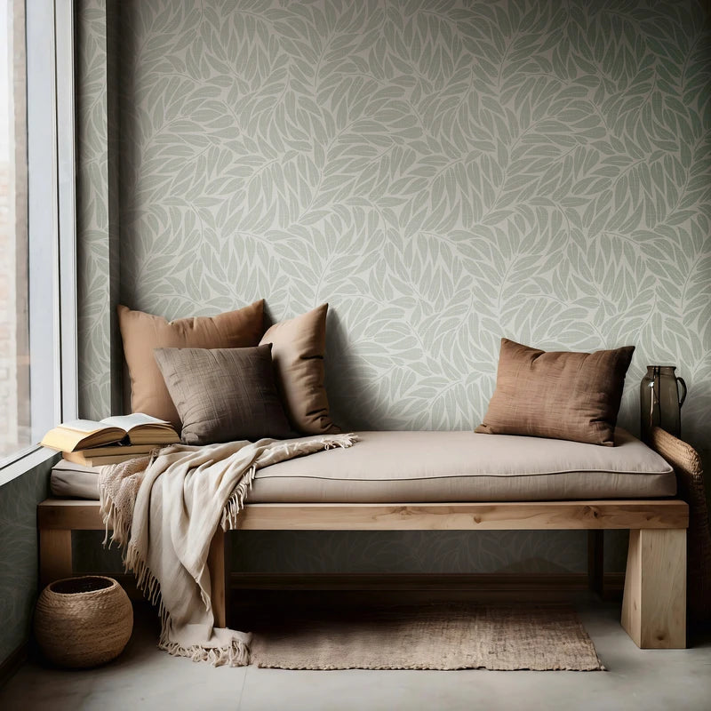 Marburg Boho 35793 Green leafy botanical wallpaper behind a wooden bench with neutral pillows and a throw by a window, with an open book, rug, woven basket, and a metal pitcher.