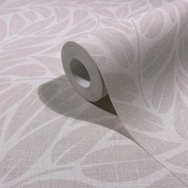 Marburg Boho 35794 Close-up of a wallpaper roll resting on matching unrolled sheet, showing a tonal leaf pattern with a subtle linen texture in light grey shades.